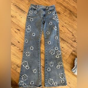 Tractr Blue Floral Embroidered Wide Leg Jeans